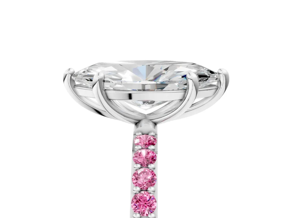 Marquise Cut Diamond Solitaire Ring with Round Pink Sapphire Pavé Band and Prong Setting White gold