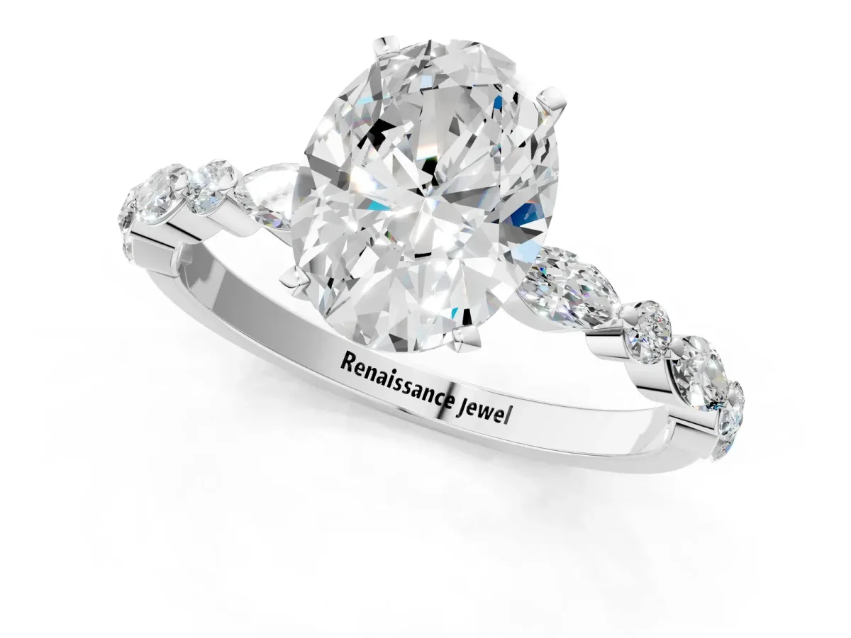 Oval Cut Diamond Ring with Marquise and Round Moissanite Side Stones and Four-Prong Setting White gold