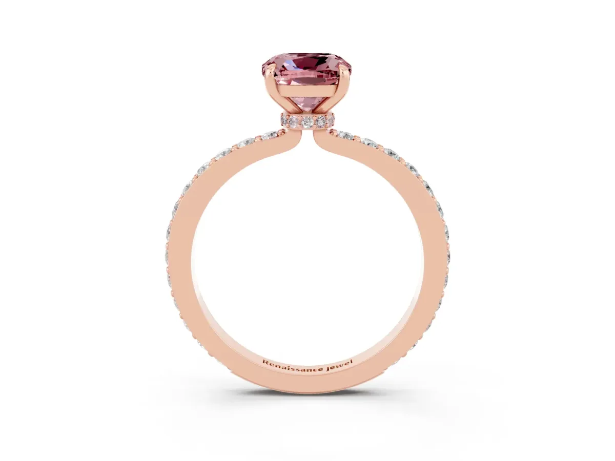 Cushion Cut Morganite Solitaire Engagement Ring with Pavé Band and Four-Prong Setting Rose gold