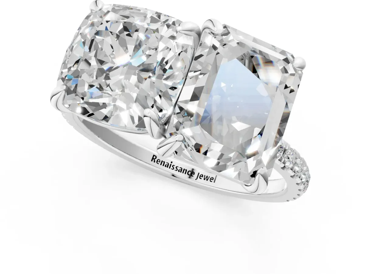 Cushion and Emerald Toi Moi Ring with Prong Setting and Micro Pave Band Silver