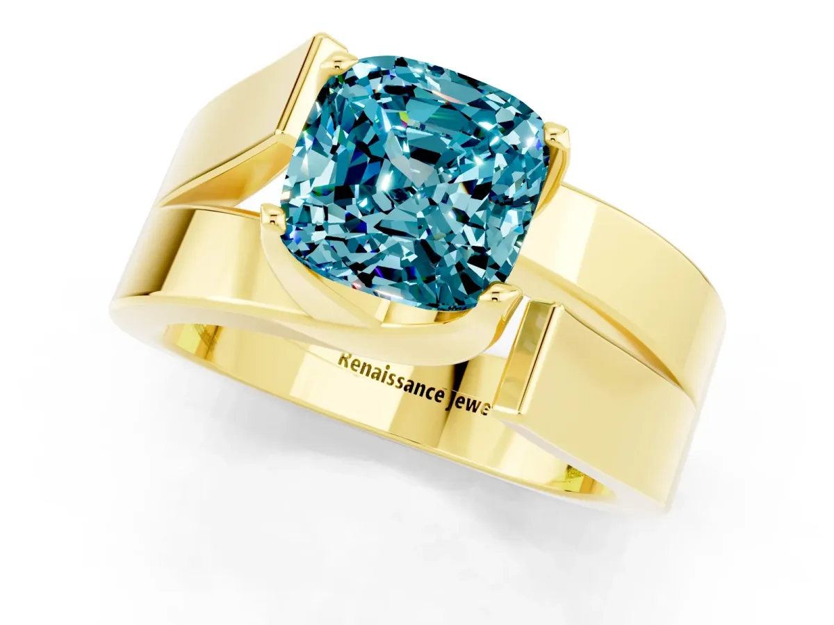Modern Tension Set Cushion Cut Blue Topaz Solitaire Wide Band Ring Yellow gold