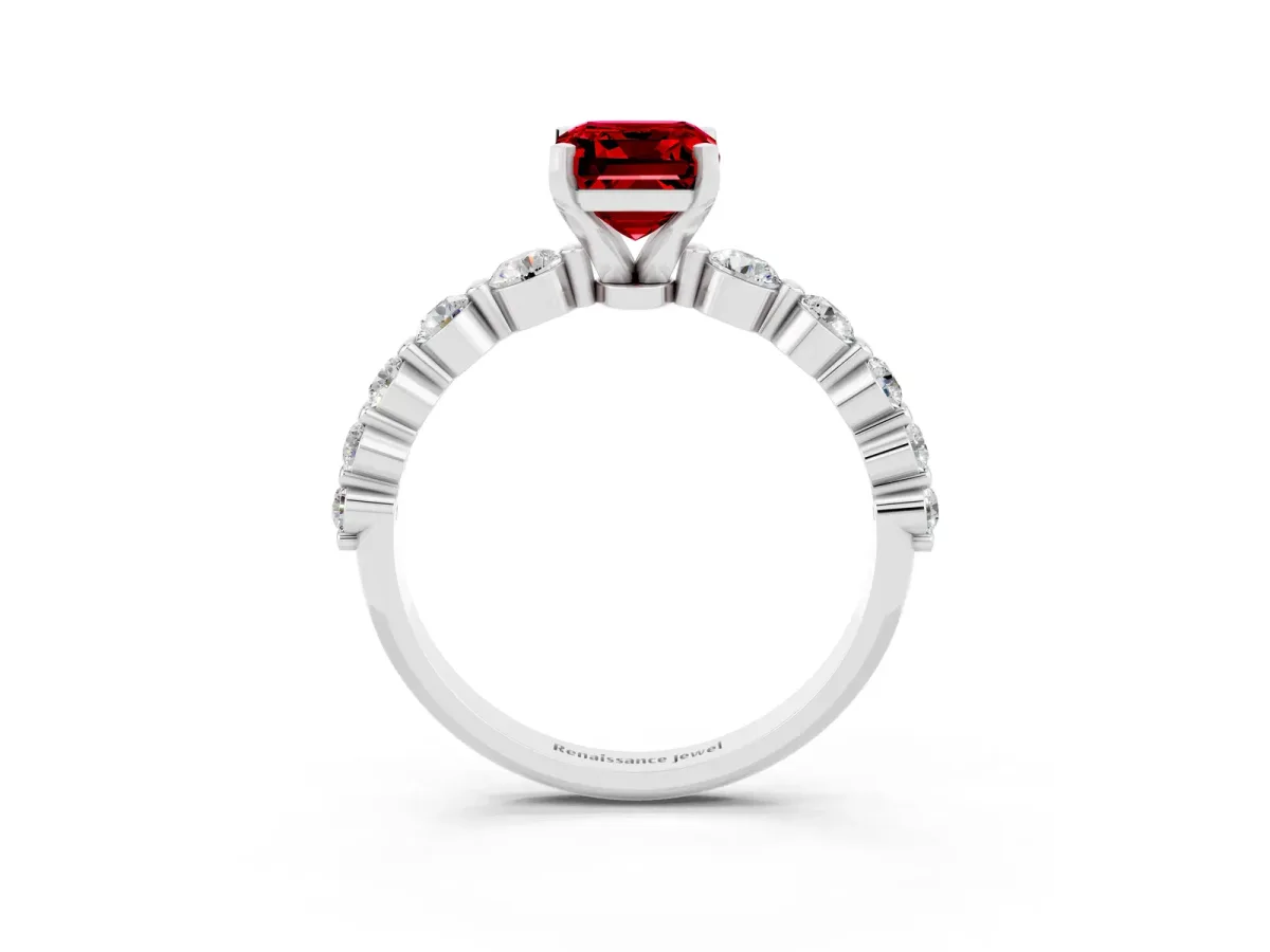 Emerald Cut Solitaire Ruby Ring with Pave Band and Four-Prong Setting Platinum