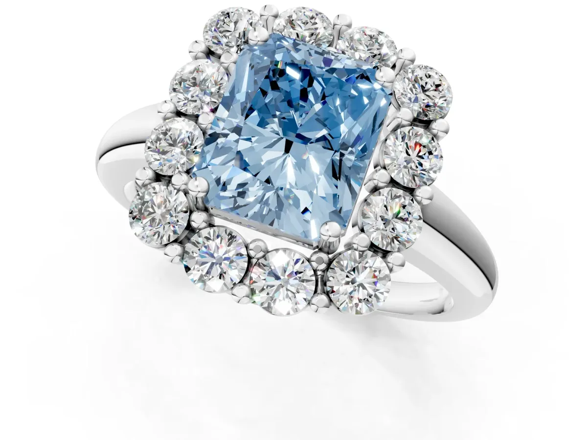 Fancy Blue Radiant Cut Halo Cluster Diamond Engagement Ring with Prong Setting and Polished Band Platinum