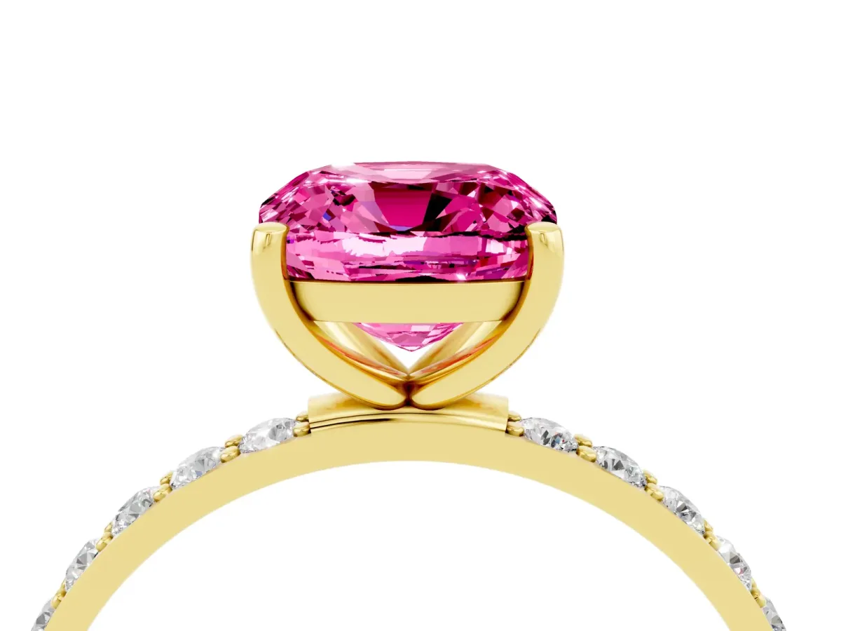 Cushion Cut Pink Sapphire Solitaire Ring with Round Pavé Band and Prong Setting Yellow gold