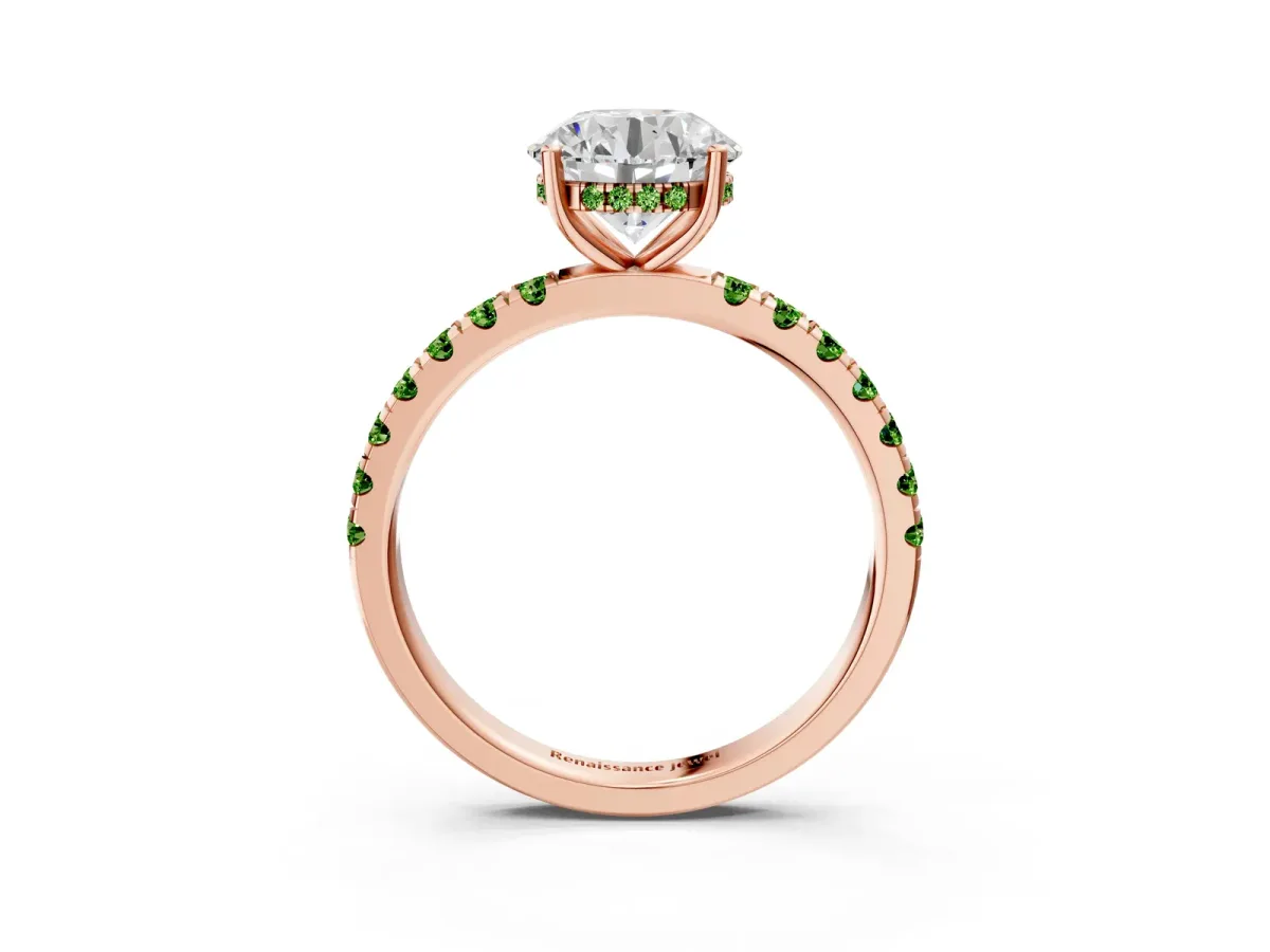 Round Cut Diamond Pave Band Solitaire Ring with Round Peridot and Prong Setting Rose gold