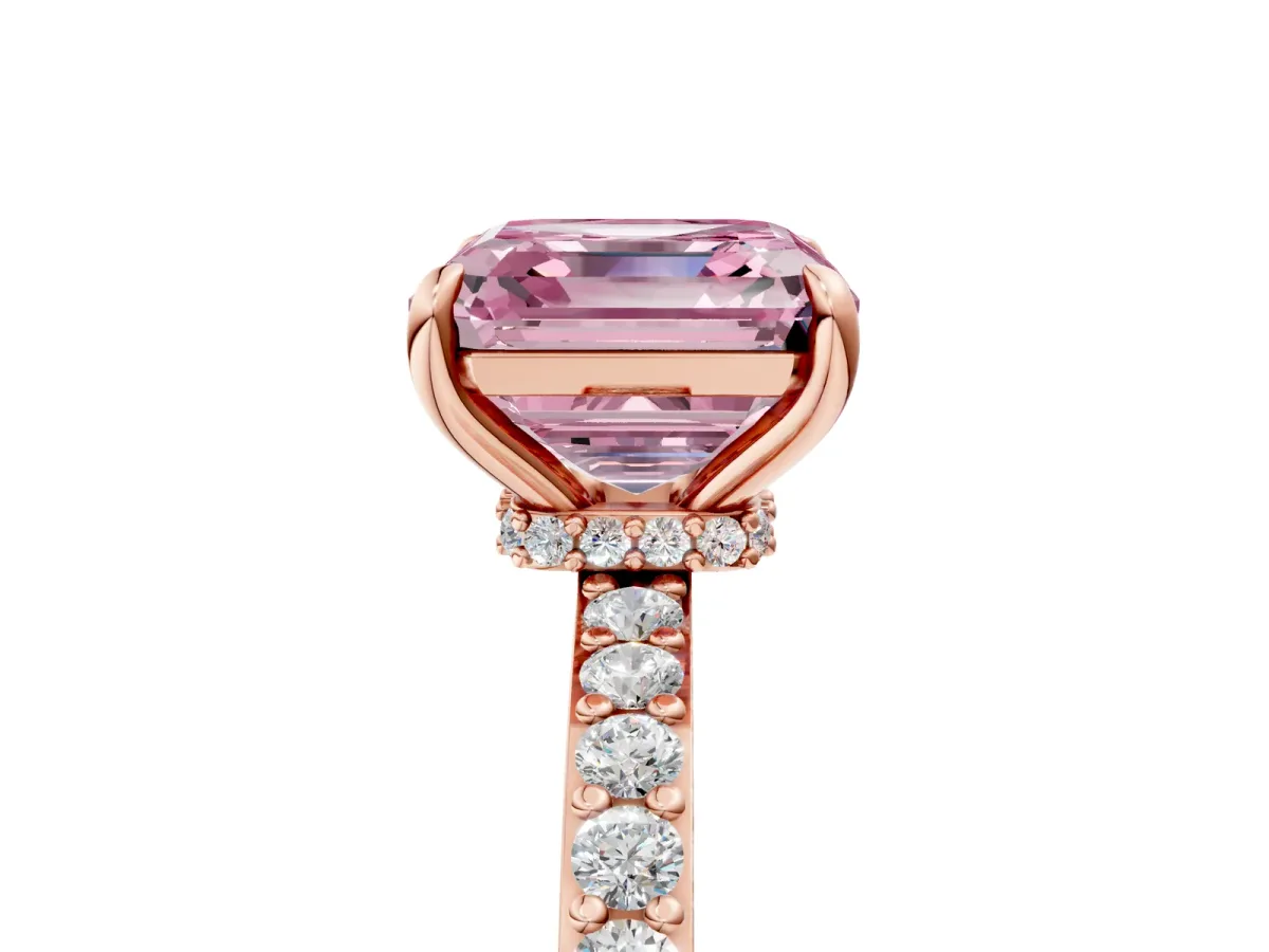 Fancy Pink Asscher Cut Diamond Solitaire Engagement Ring with Pavé Band and Four-Prong Setting Rose gold