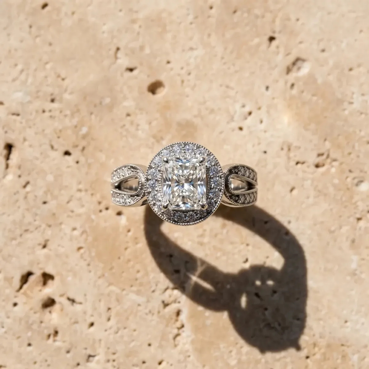 Radiant Cut Halo Split Shank Milgrain Diamond Ring Platinum