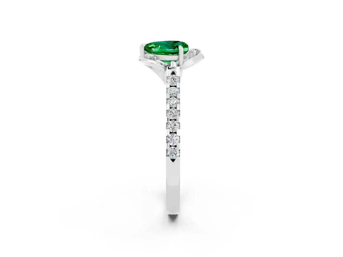 Heart Cut Emerald Ring with Pavé Band and Floral Prong Setting Silver
