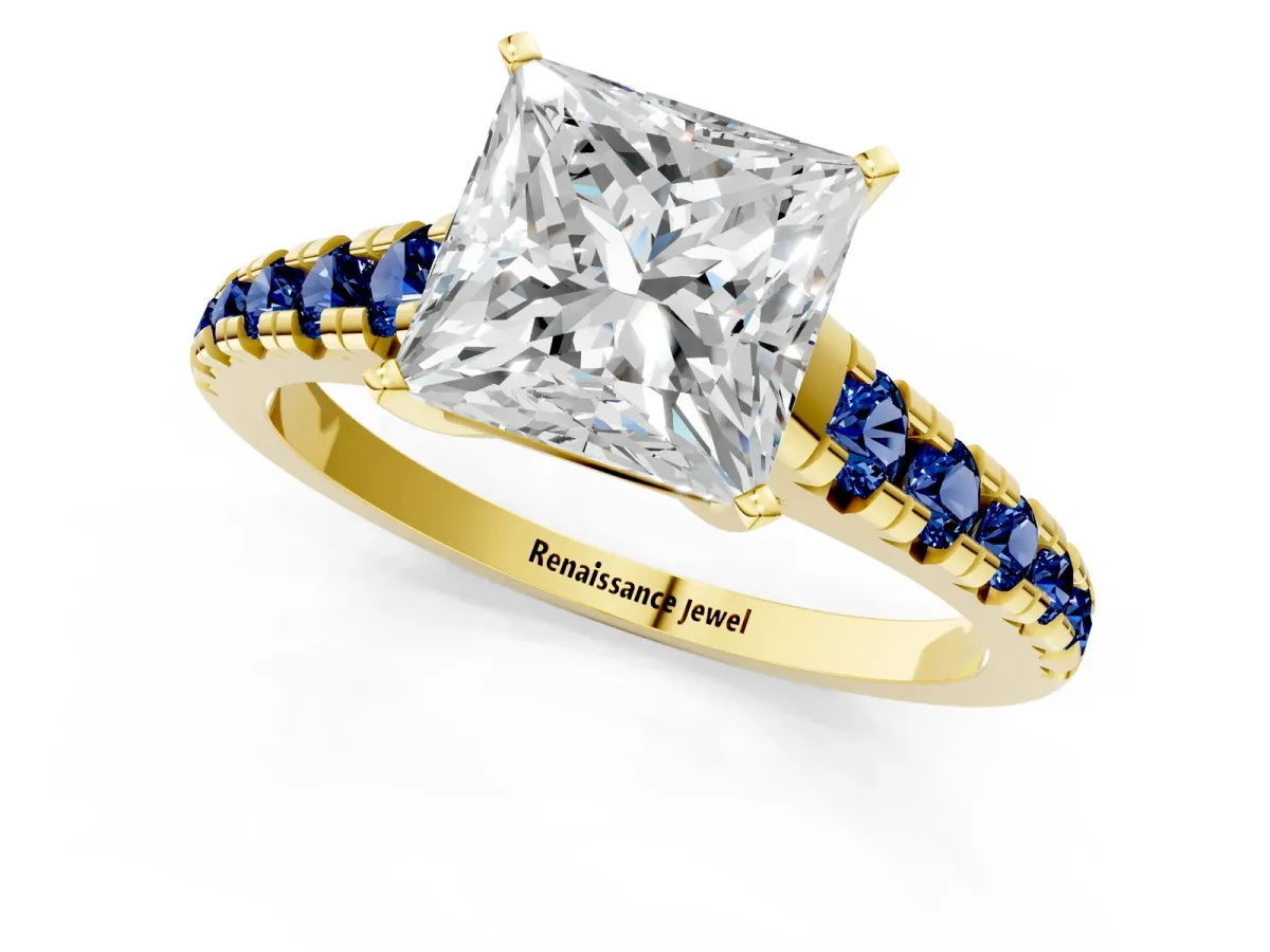 Princess Cut Diamond Cathedral Solitaire Ring with Round Blue Sapphire Pavé Band Yellow gold