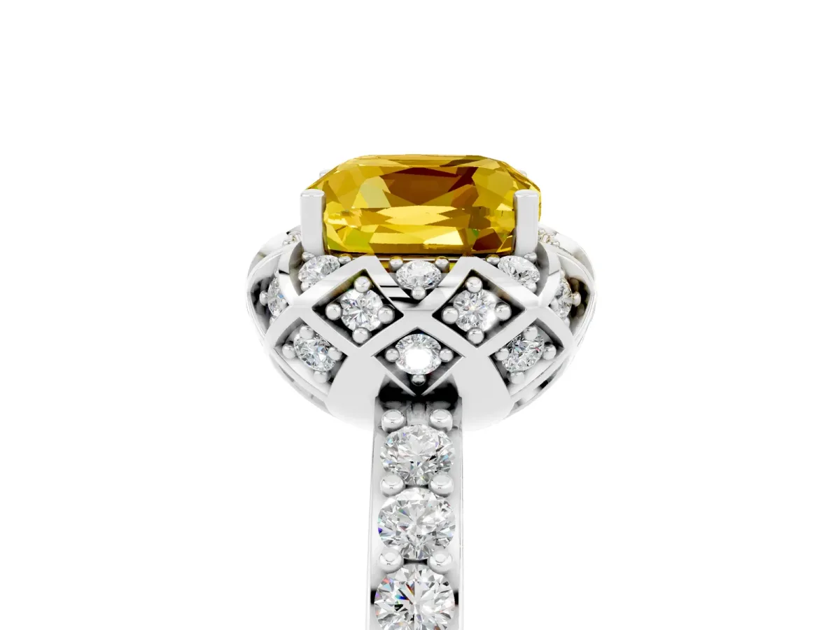 Cushion Cut Yellow Sapphire Scalloped Halo Engagement Ring with Round Shared Prong Band Silver
