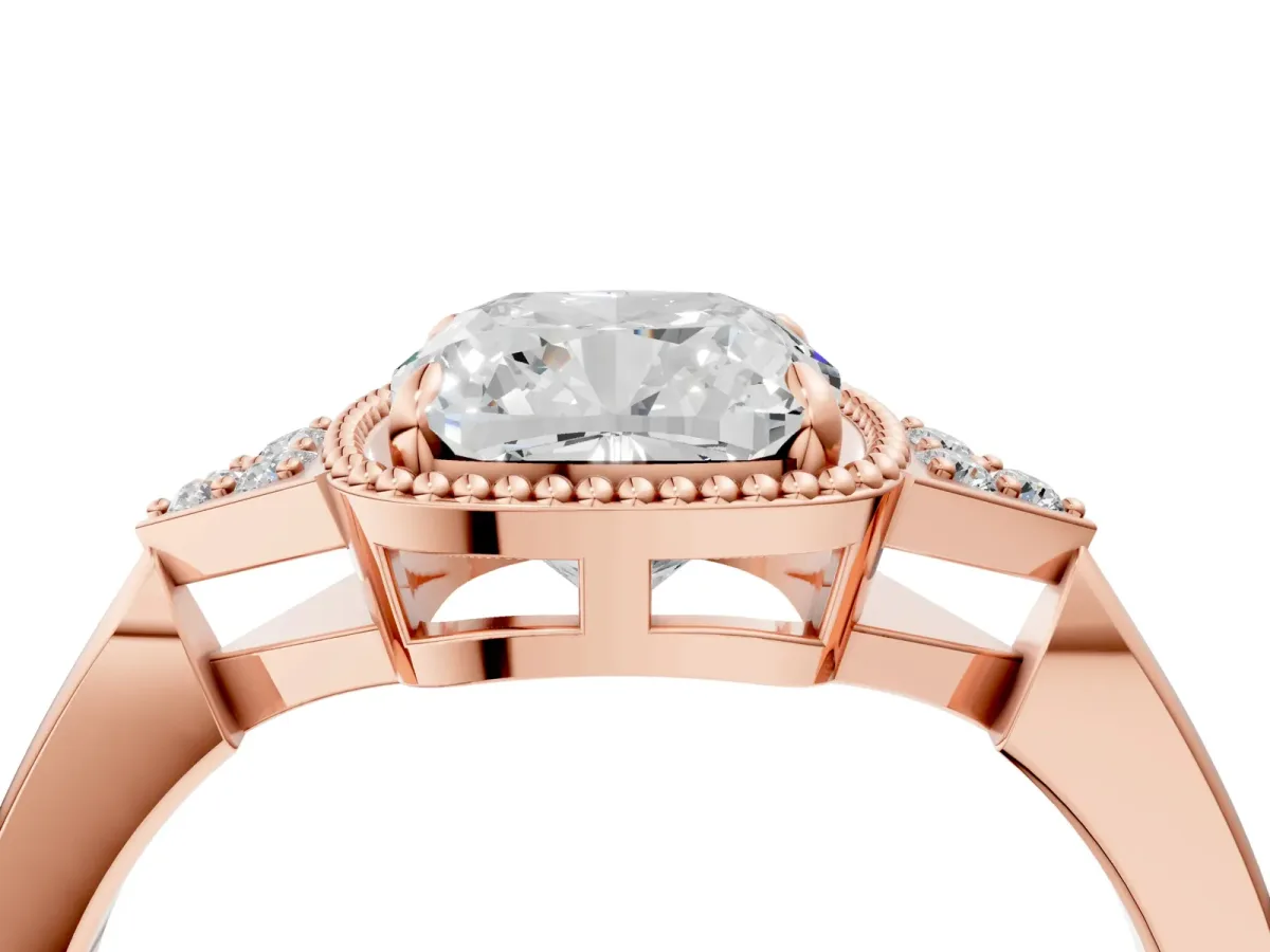 Cushion Cut Diamond Halo Ring with Tapered Band and Four-Prong Setting Rose gold