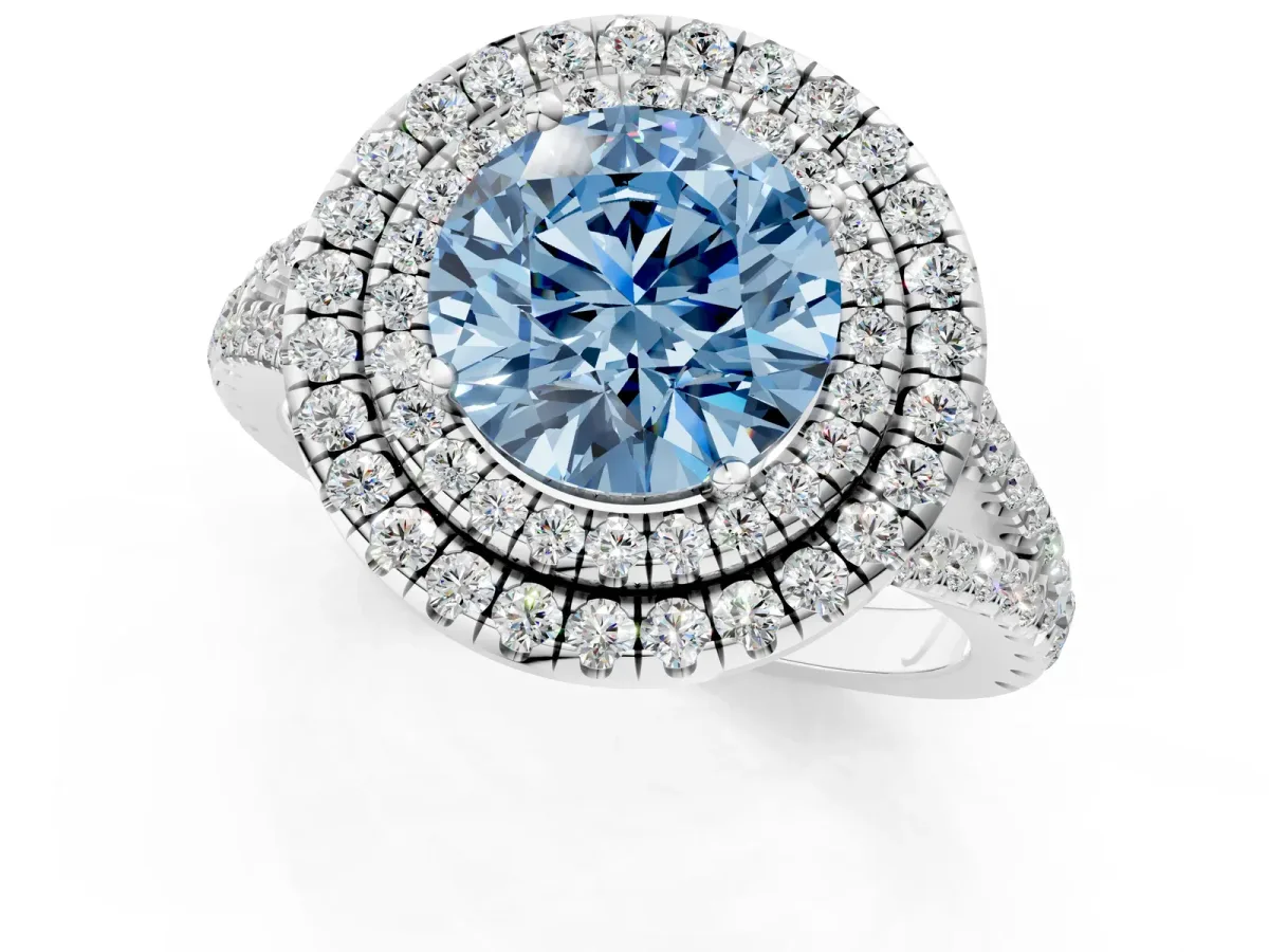 Fancy Blue Round Cut Diamond Double Halo Ring with Pavé Band and Prong Setting Silver