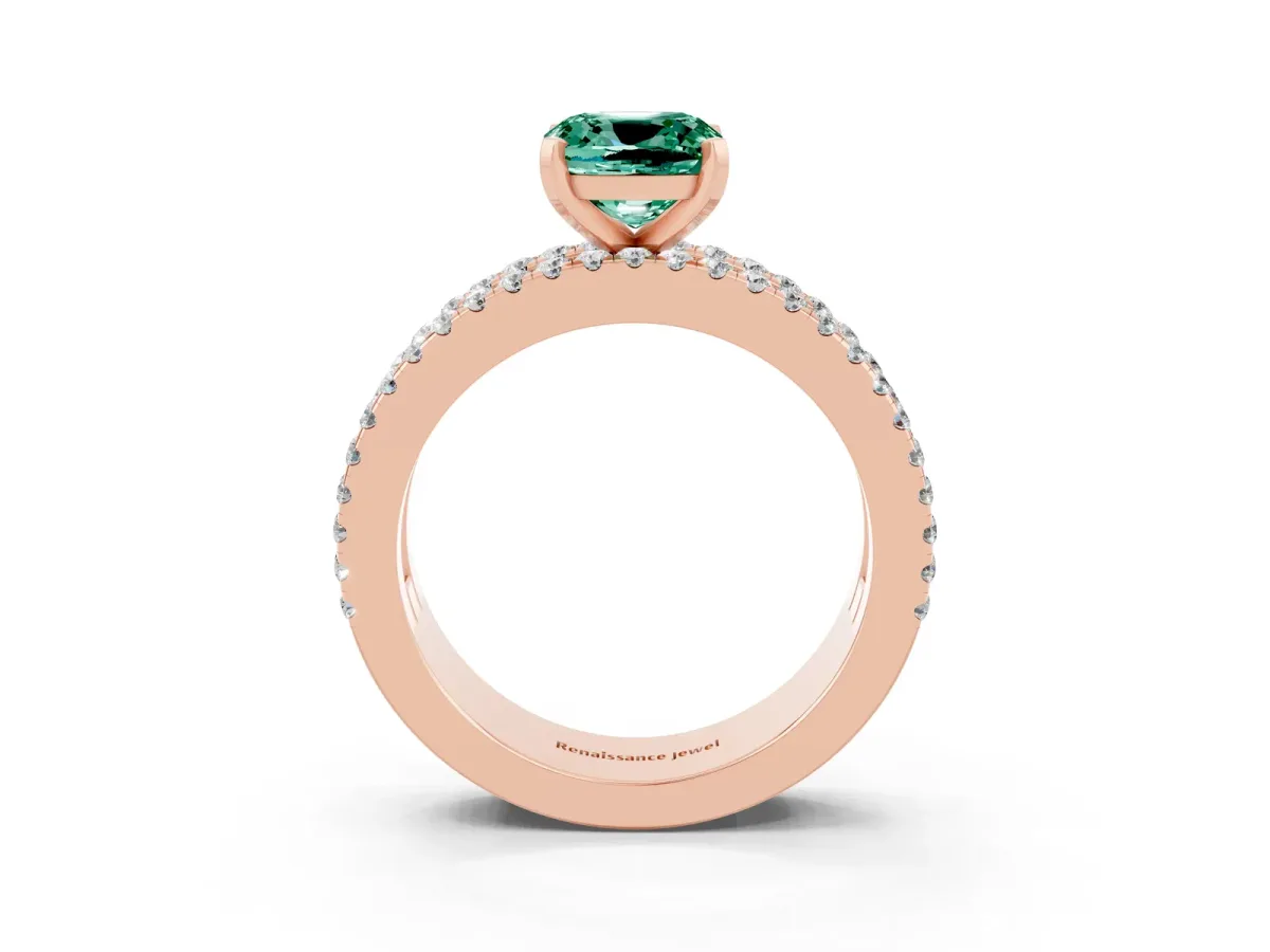 Cushion Cut Green Sapphire Solitaire Ring with Pavé and Channel Set Band Rose gold