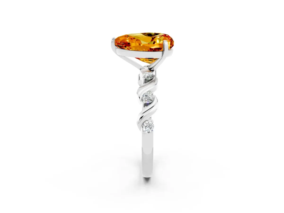 Heart Cut Citrine Solitaire Twisted Band with Round Accents and Prong Setting White gold