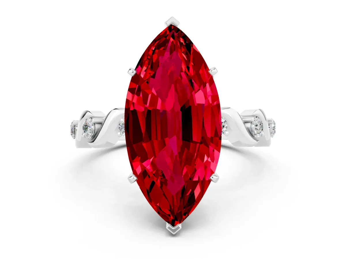 Marquise Cut Ruby Solitaire Twisted Band with Round Accents and Prong Setting Silver