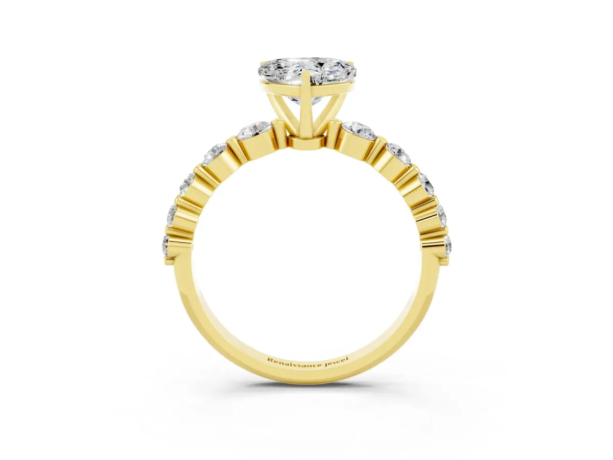 Heart Cut Solitaire Moissanite Ring with Pave Band and Four-Prong Setting Yellow gold