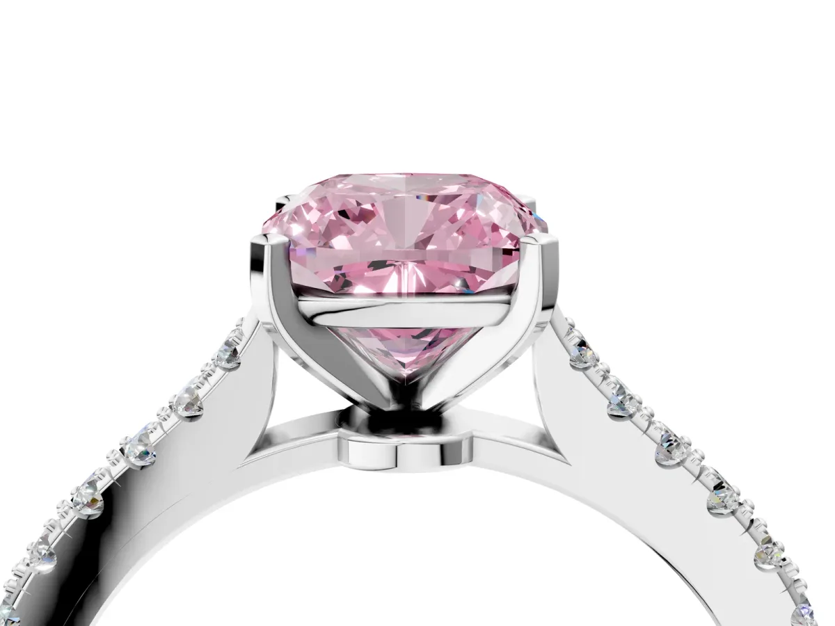 Fancy Pink Cushion Cut Cut Solitaire Diamond Engagement Ring with Pave Band and Four-Prong Setting White gold