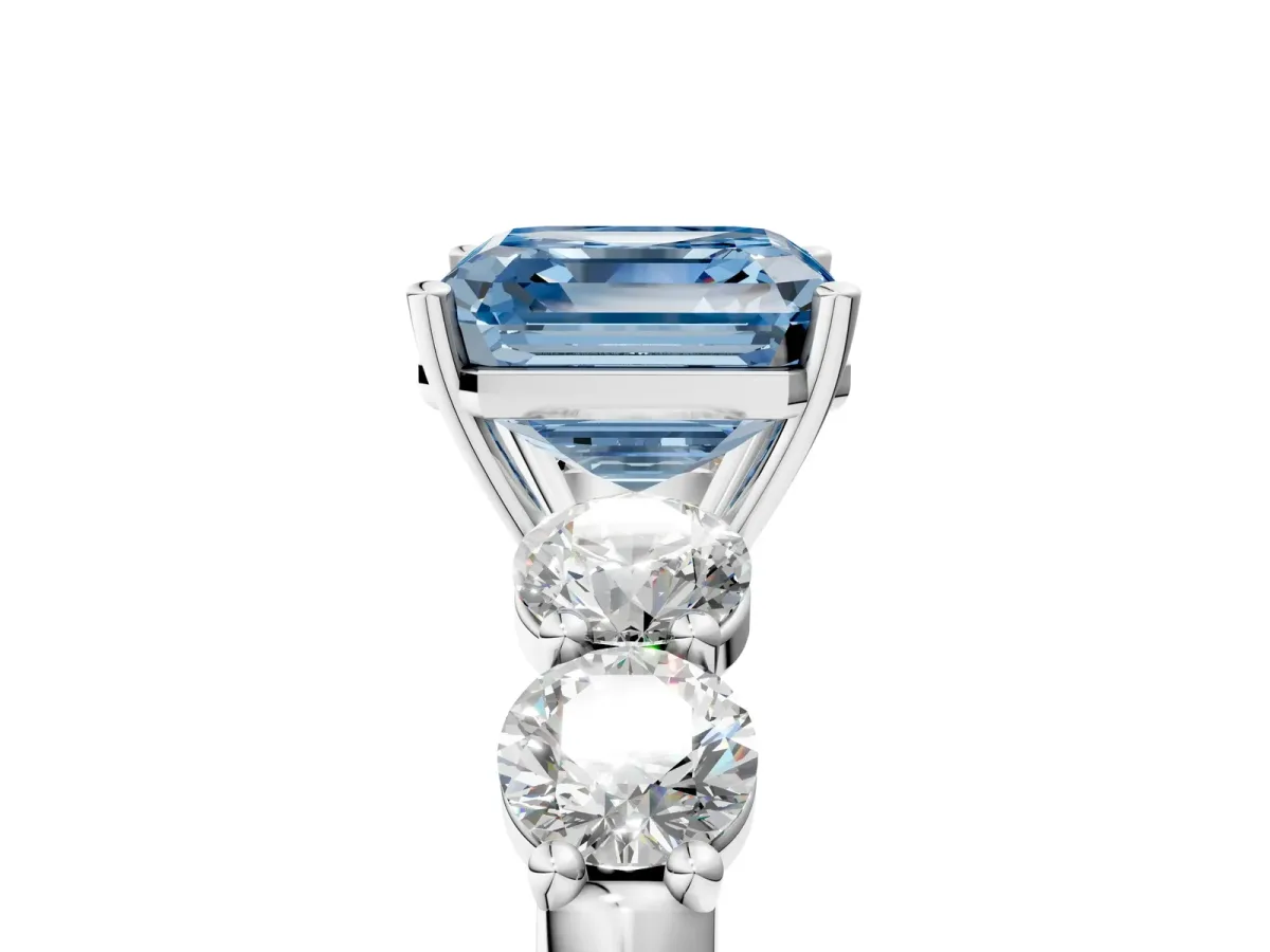 Fancy Blue Asscher Cut Cut Five-Stone Prong Set Diamond Ring with Classic Band Platinum