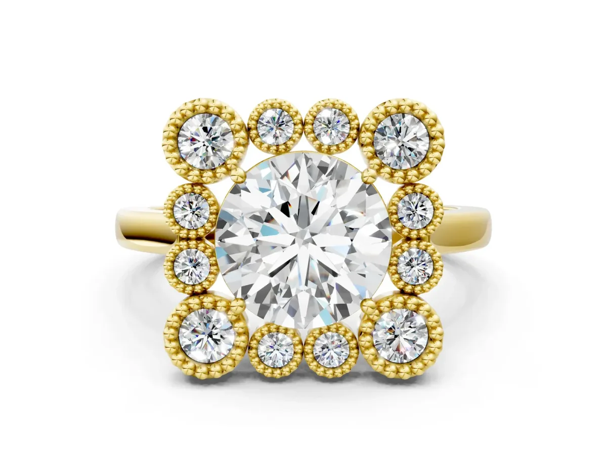 Round Cut Halo Diamond Cluster Engagement Ring with Milgrain Bezel Setting and Solitaire Band Yellow gold