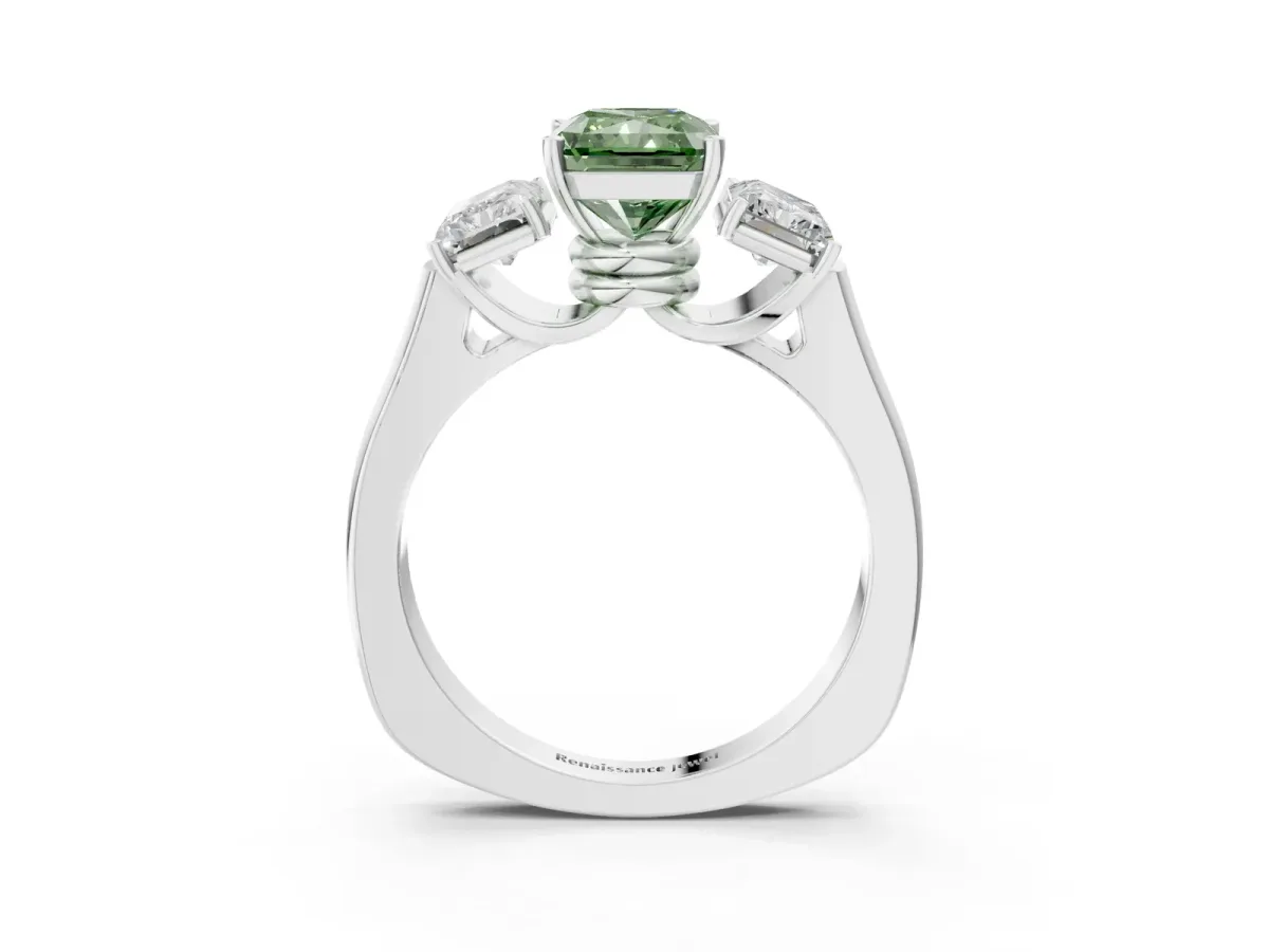 Fancy Green Three-Stone Radiant Cut Brilliant Diamond Trellis Ring with Comfort Fit Band Platinum