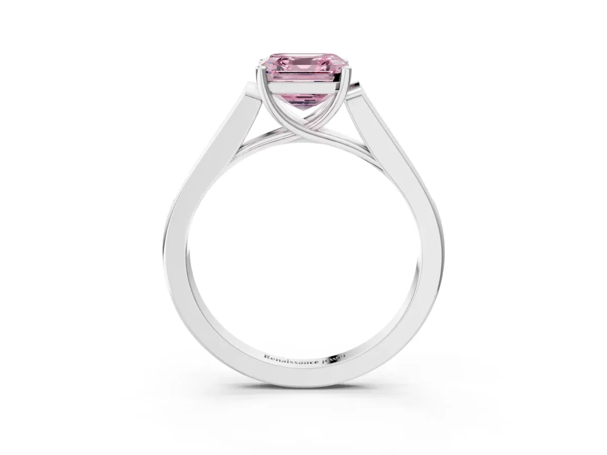 Fancy Pink Asscher Cut Solitaire Cathedral Diamond Engagement Ring with Channel-Set Band and Four-Prong Setting Platinum