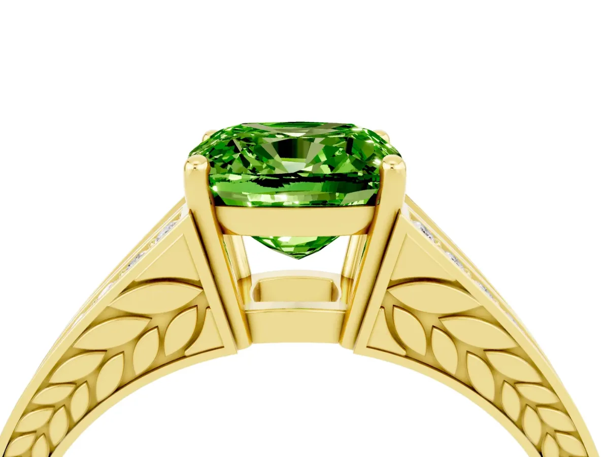 Cushion Cut Peridot Split Shank Ring with Pavé Band and Four-Prong Setting Yellow gold
