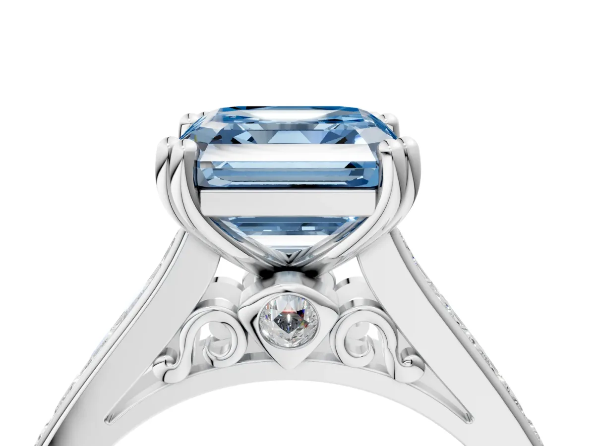 Fancy Blue Asscher Cut Cut Channel Set Solitaire Engagement Ring with Prong Setting Platinum