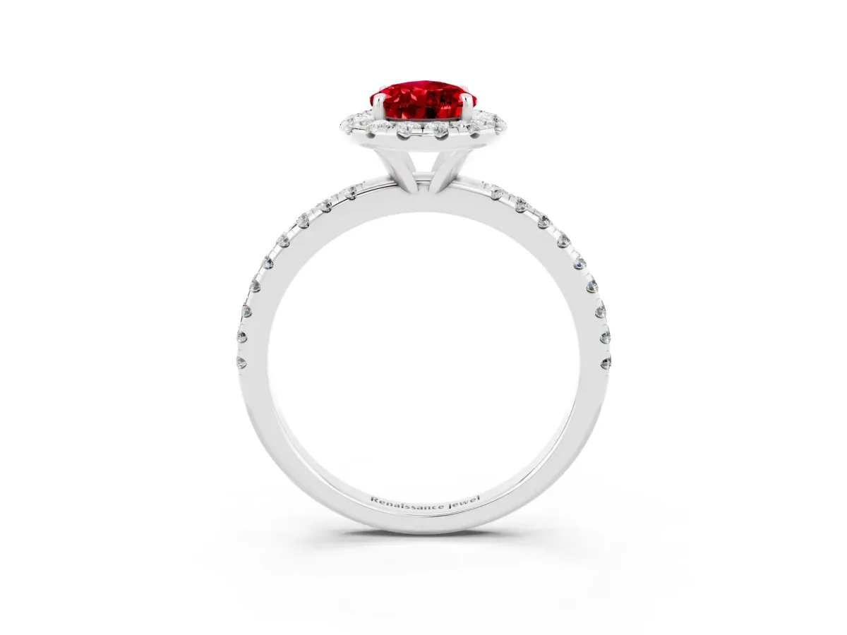 Pear Cut Ruby Halo Ring with Round Pavé Band and Prong Setting Platinum
