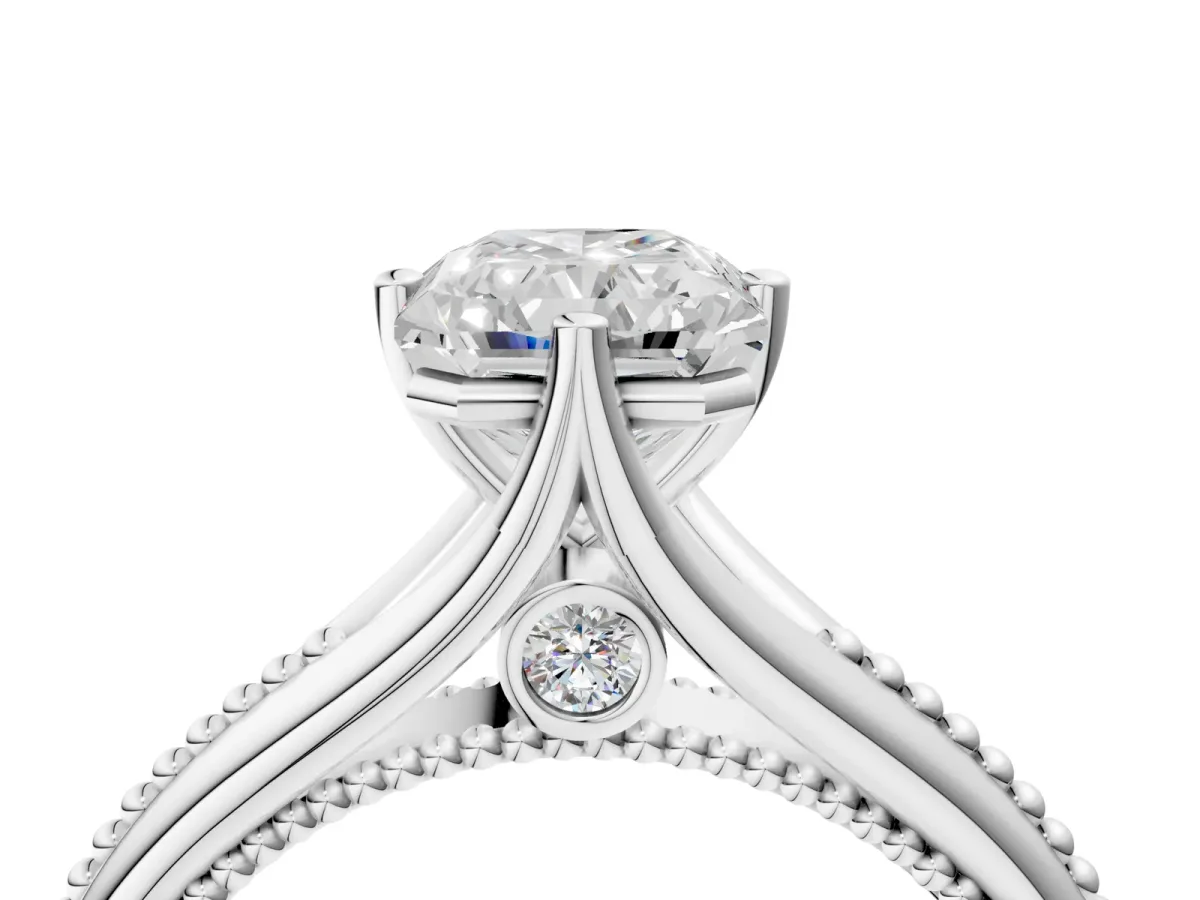 Radiant Cut Solitaire Beaded Band Six-Prong Setting Platinum
