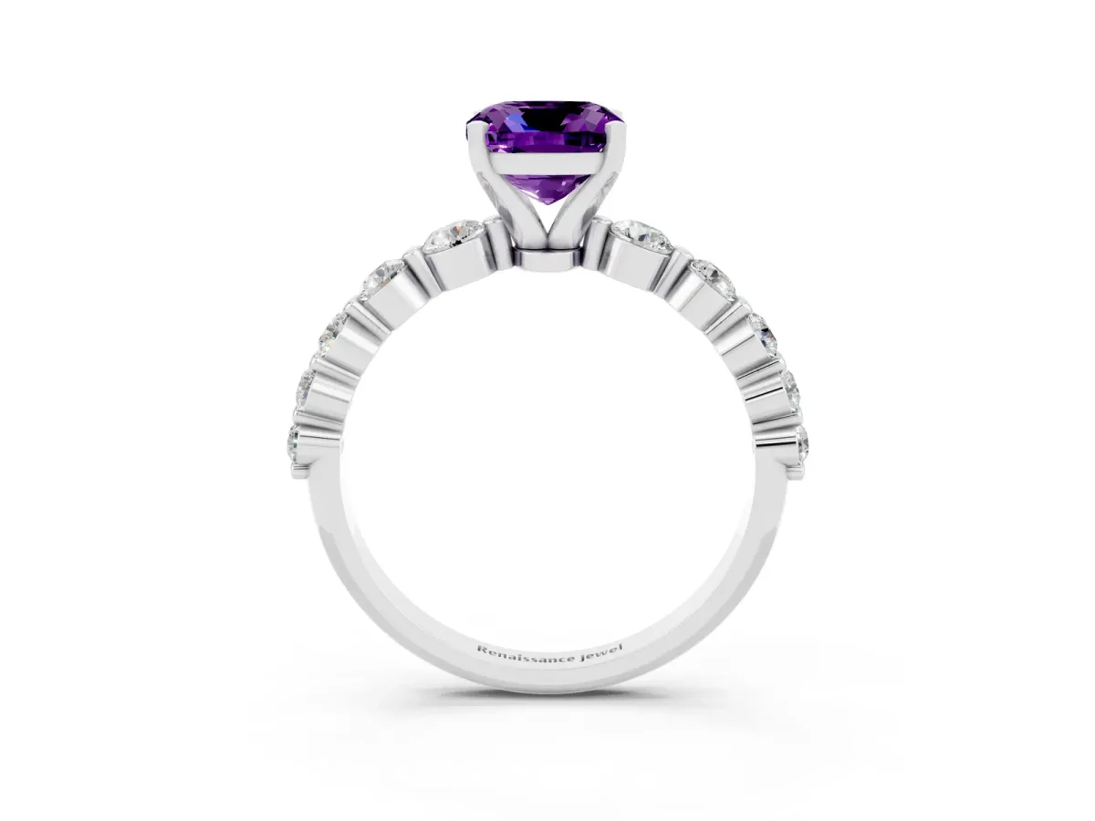 Cushion Cut Solitaire Amethyst Ring with Pave Band and Four-Prong Setting Silver