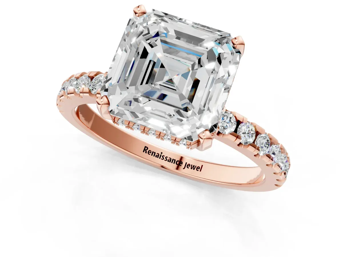 Asscher Cut Diamond Solitaire Ring with Round Moissanite Pavé Band and Four-Prong Setting Rose gold