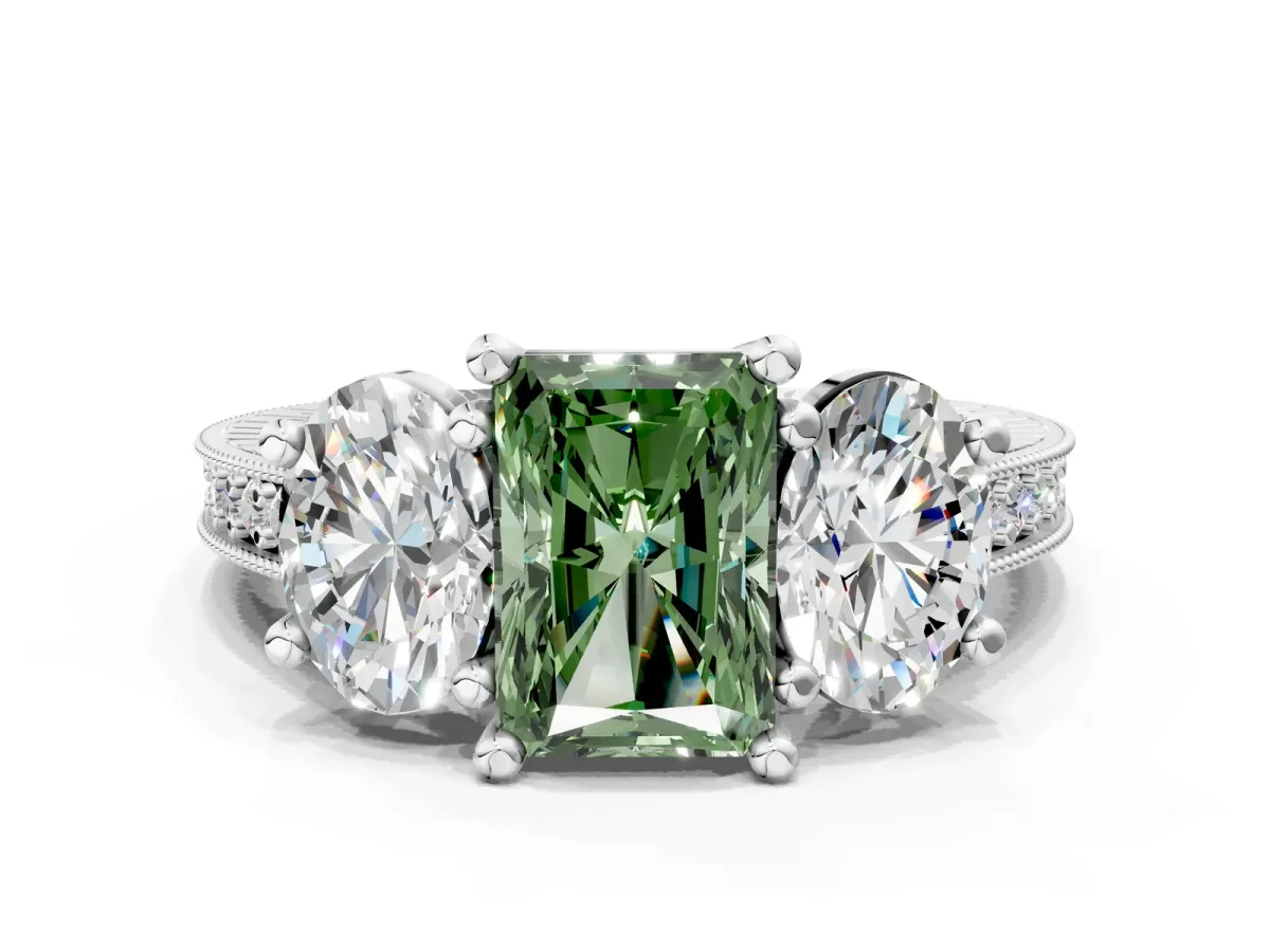 Fancy Green Three-Stone Radiant Cut Diamond Milgrain Pave Band with Prong Setting Platinum