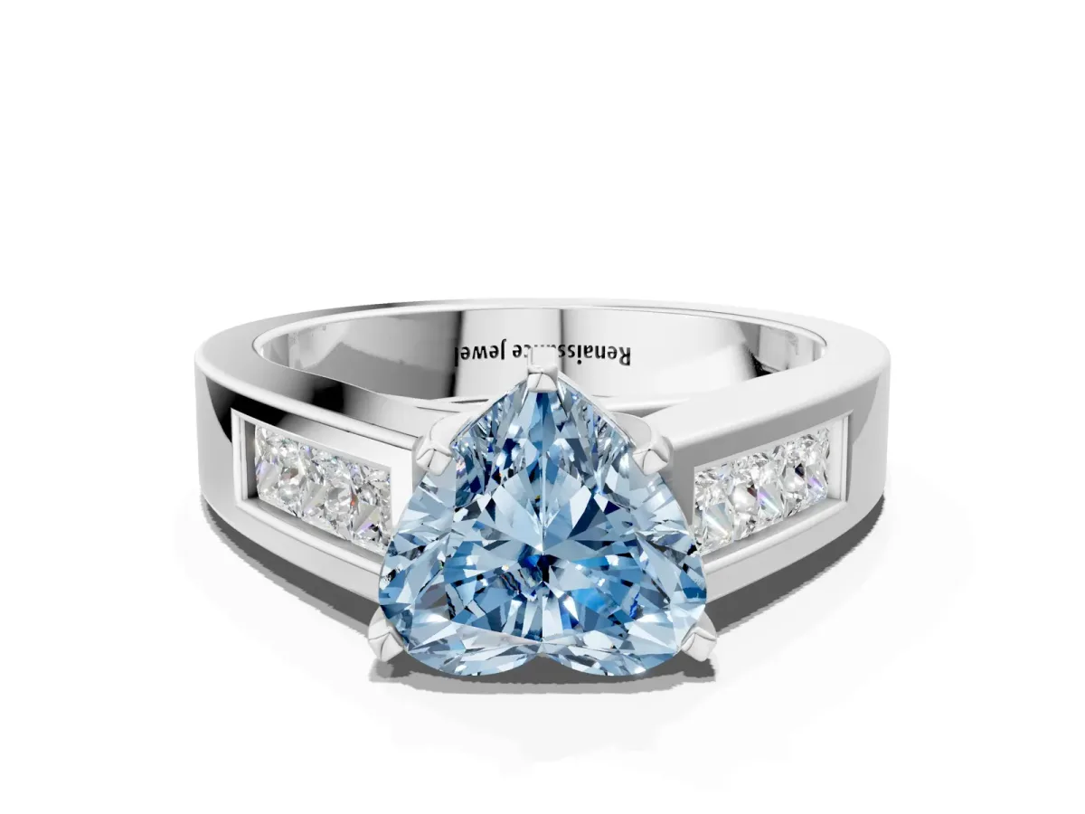 Fancy Blue Heart Cut Cut Channel Set Solitaire Ring with Four-Prong Setting Silver