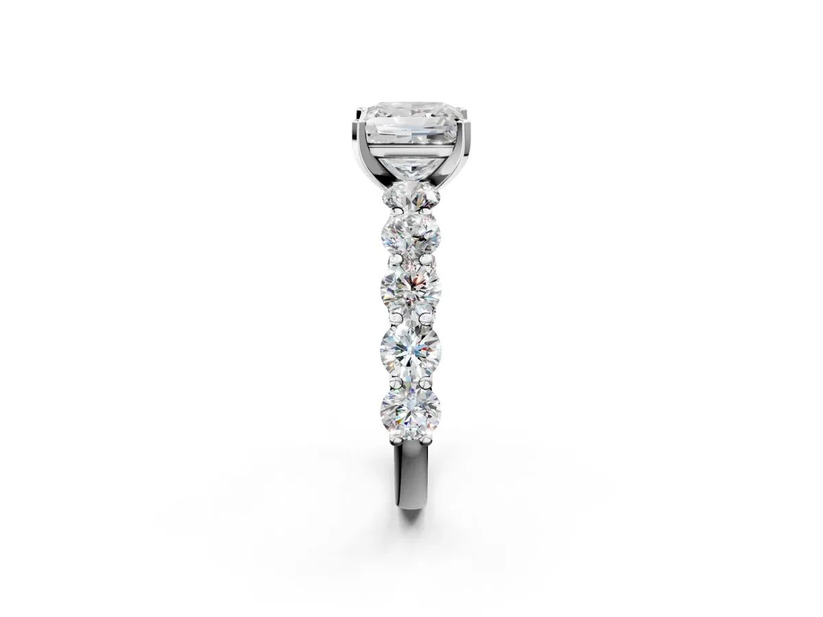 Princess Cut Diamond Prong Setting with Side Stones on a Pave Band White gold