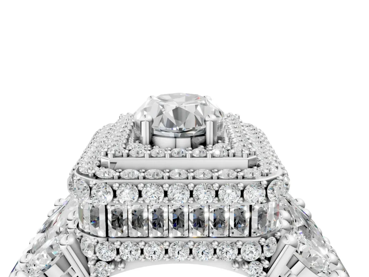 Oval Diamond Halo Mens Ring with Baguette Side Stones White gold