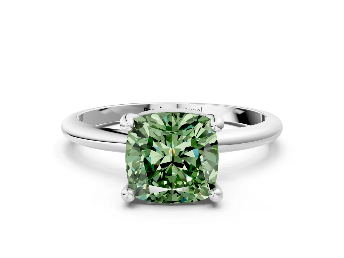 Fancy Green Cushion Cut Solitaire Diamond Ring with 4-Prong Setting on a Classic Band Silver