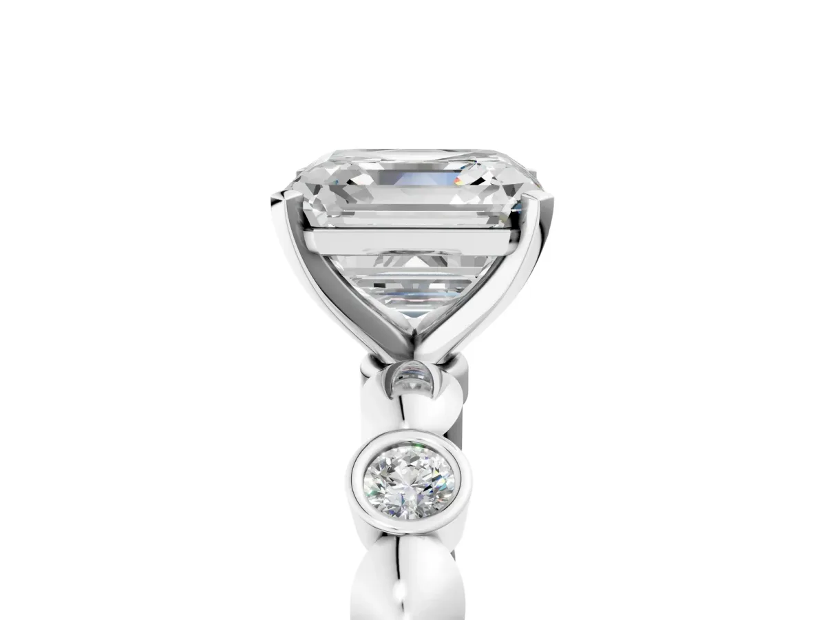 Asscher Cut Solitaire Bezel-Set Diamond Ring with Beaded Band and Four-Prong Setting Platinum