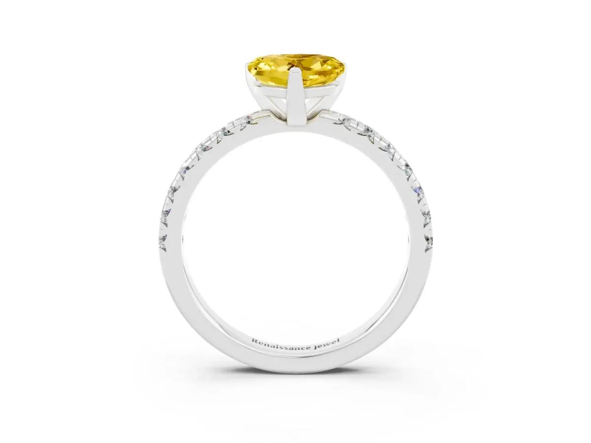 Heart Cut Yellow Sapphire Solitaire Pavé Engagement Ring with Round Band and Prong Setting Platinum