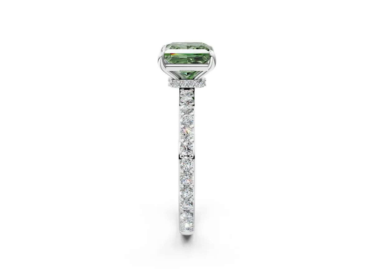 Fancy Green Princess Cut Diamond Solitaire Engagement Ring with Pavé Band and Four-Prong Setting White gold