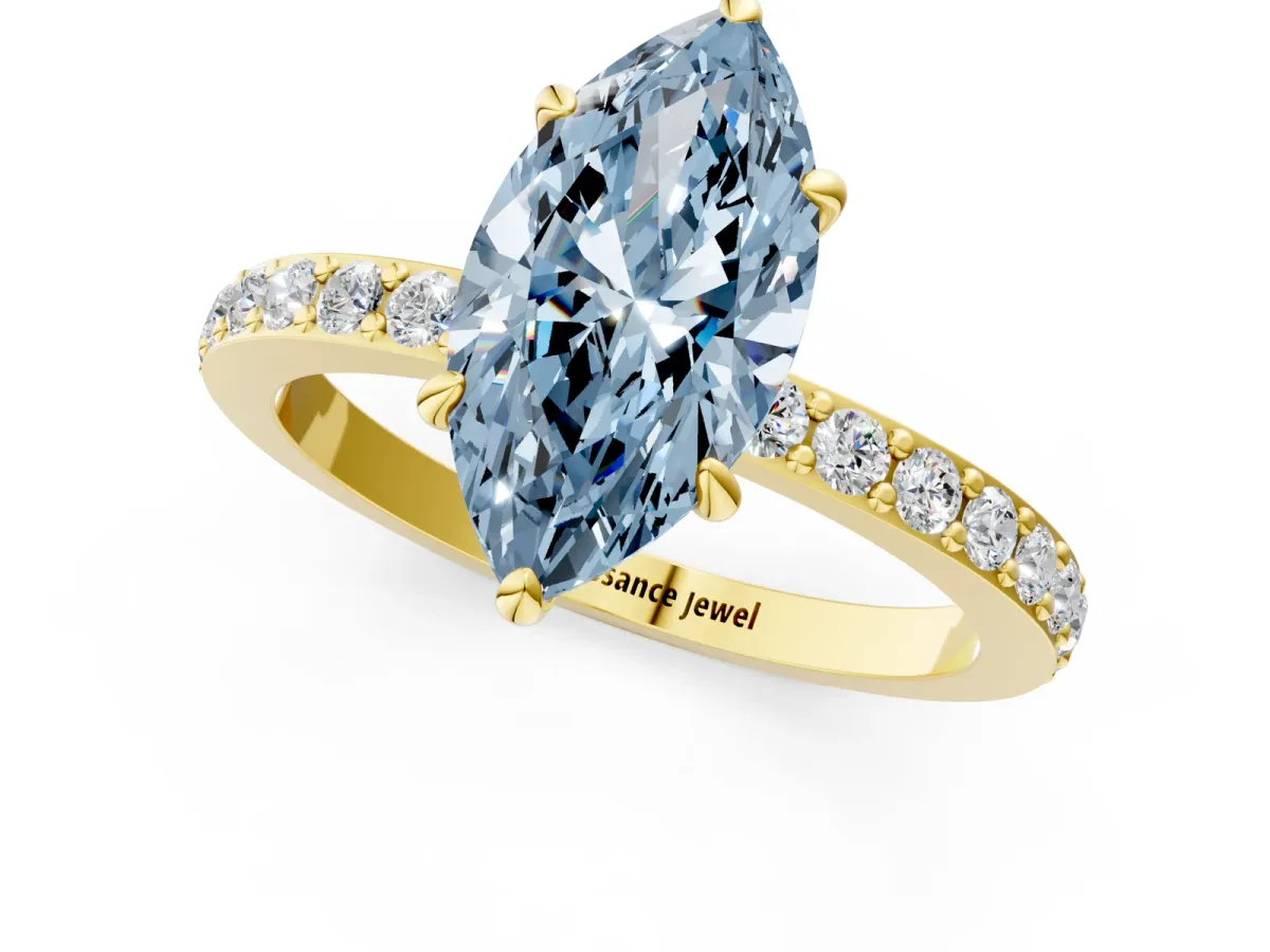 Fancy Blue Marquise Cut Diamond Solitaire Engagement Ring with Pavé Band and Four-Prong Setting Yellow gold