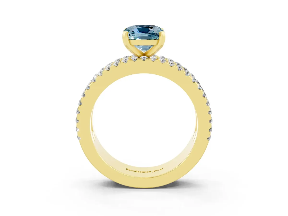Cushion Cut Aquamarine Solitaire Ring with Pavé and Channel Set Band Yellow gold