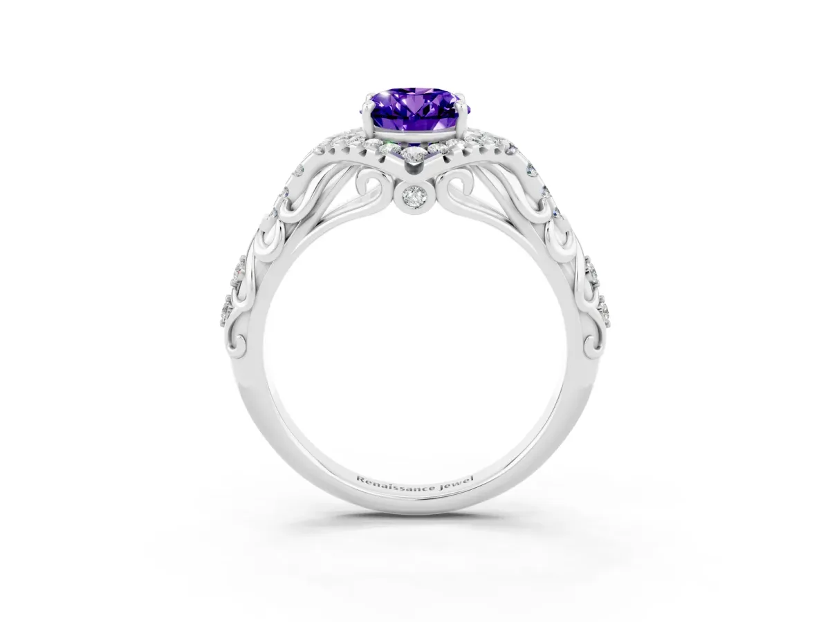 Oval Cut Tanzanite Solitaire Ring with Hidden Halo and Pavé Band White gold