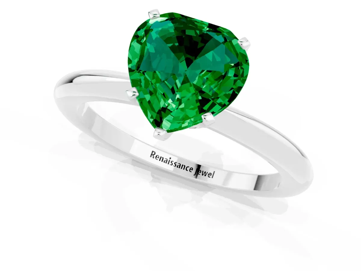 Heart Cut Emerald Solitaire Ring with Six-Prong Setting and Classic Band Platinum