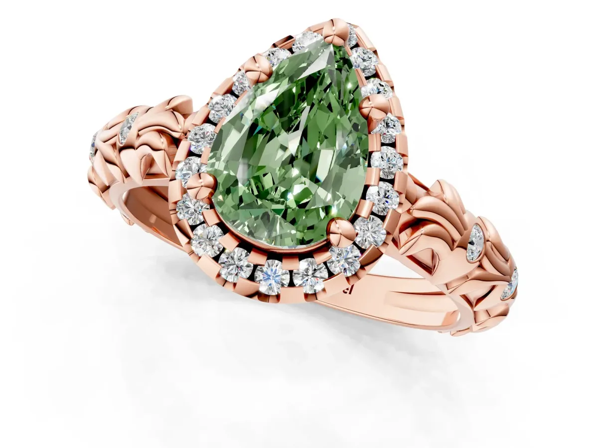 Fancy Green Pear Cut Diamond Halo Ring with Filigree Band and Prong Setting Rose gold