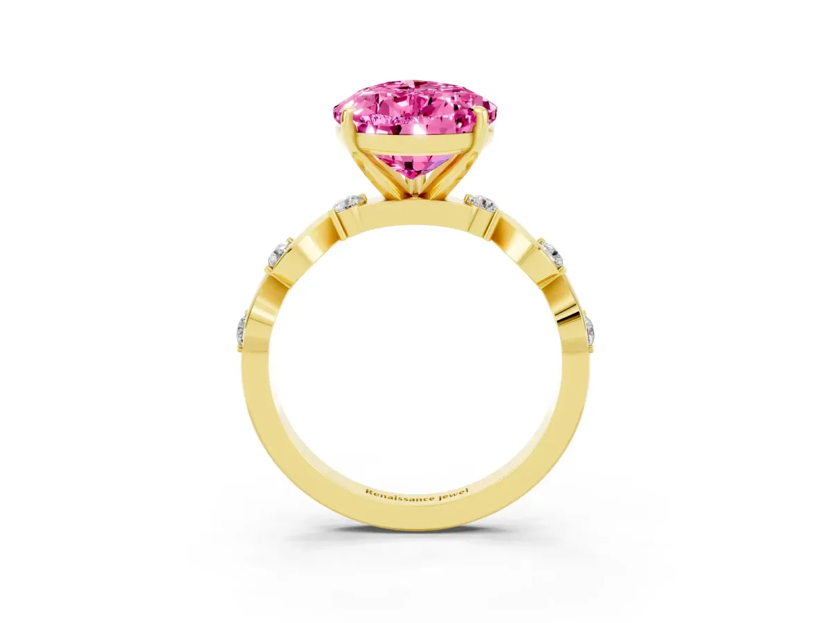 Pear Cut Pink Sapphire Solitaire Twisted Band with Round Accents and Prong Setting Yellow gold