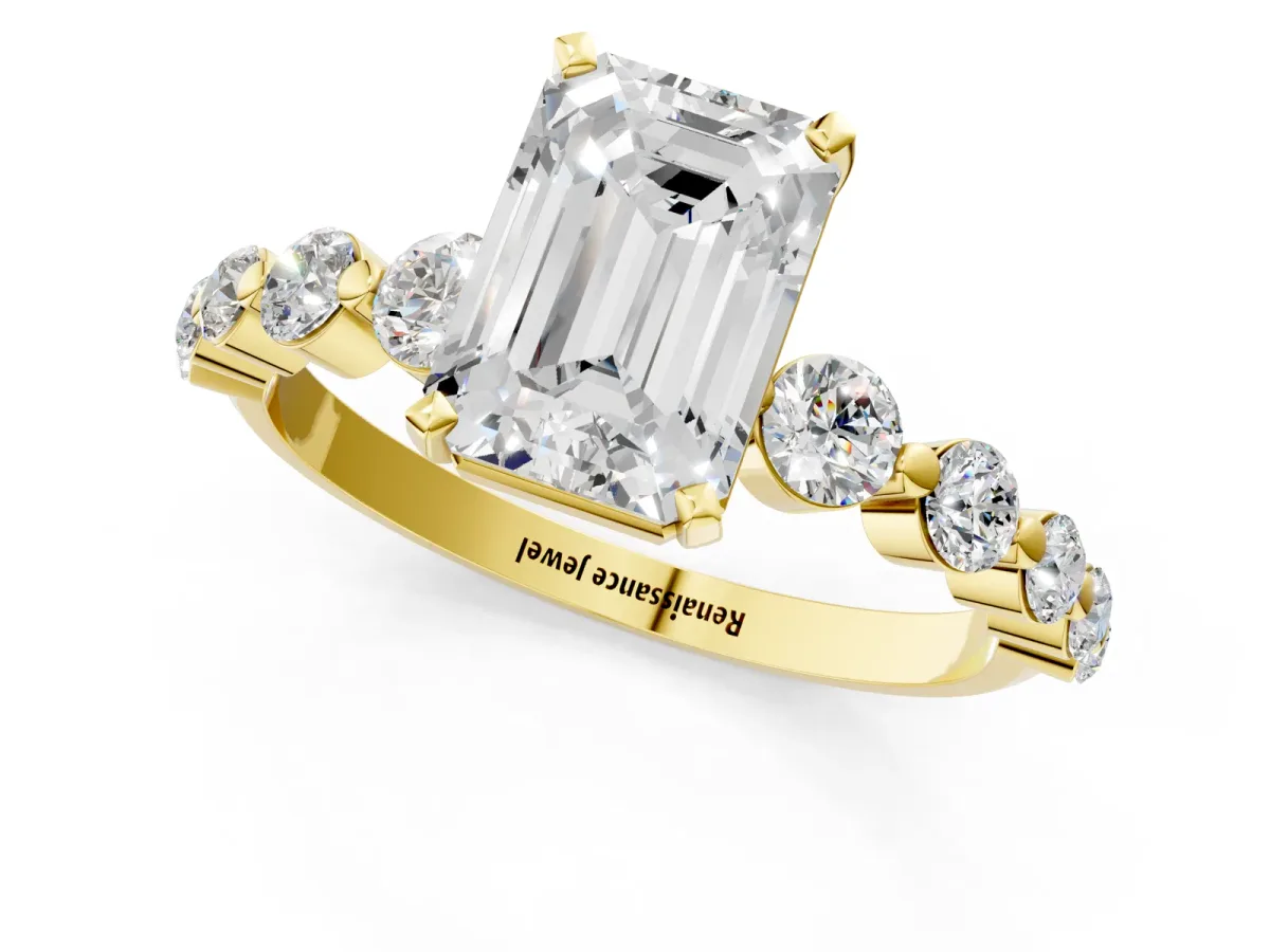 Emerald Cut Solitaire Diamond Ring with Pave Band and Four-Prong Setting Yellow gold