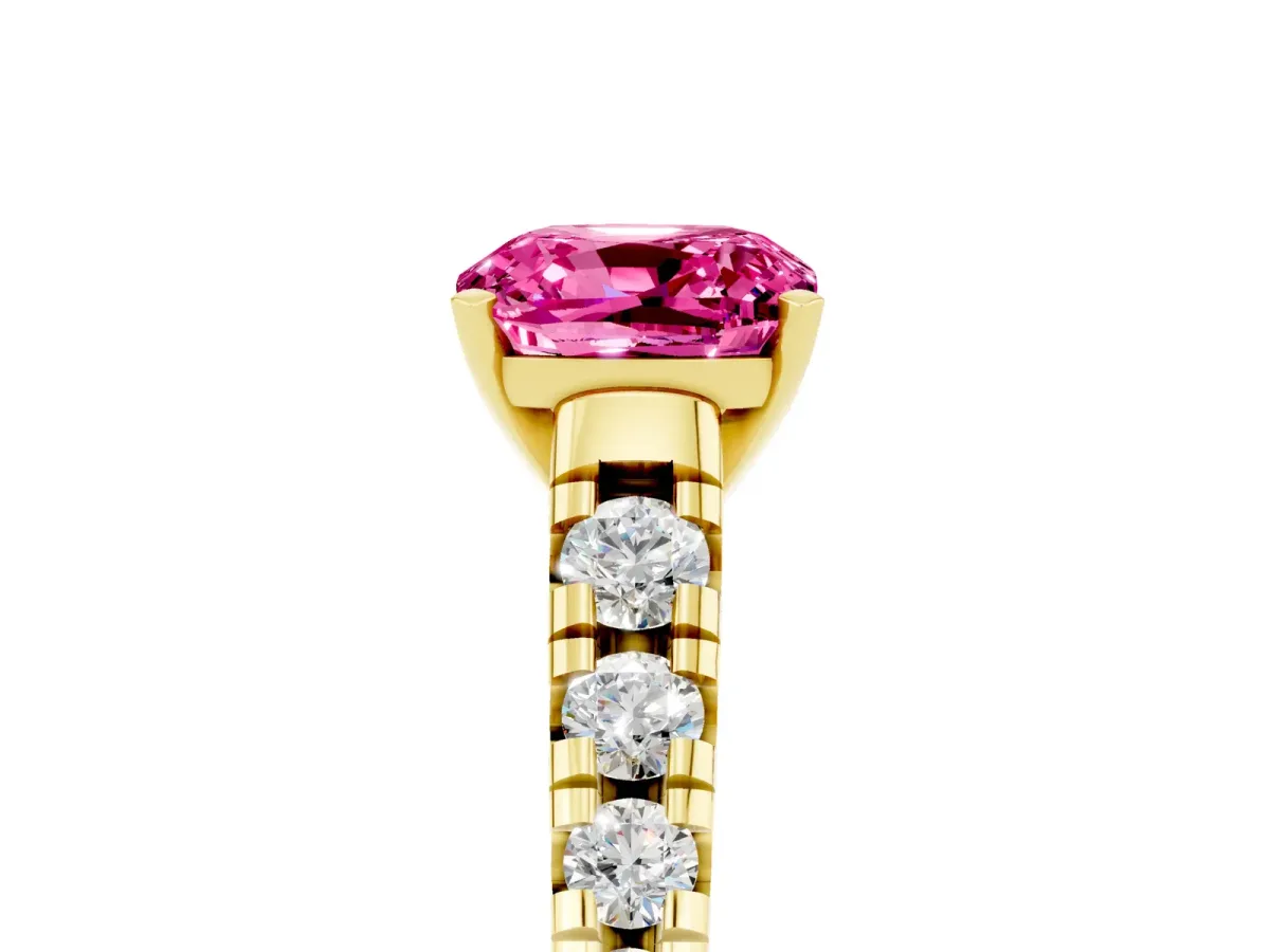 Cushion Cut Pink Sapphire Cathedral Solitaire Ring with Round Pavé Band Yellow gold