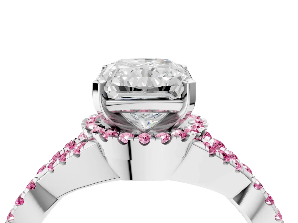 Radiant Cut Diamond Pink Sapphire Halo Twist Band Solitaire Prong Setting Ring White gold