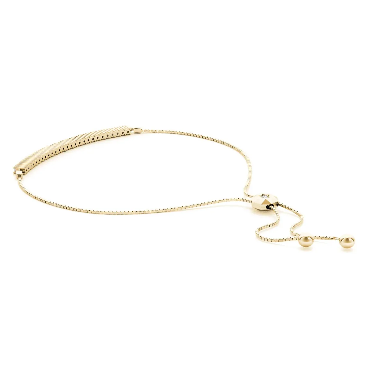 Round Diamond Tennis Bracelet with Box Chain and Bar Prong Setting Yellow gold