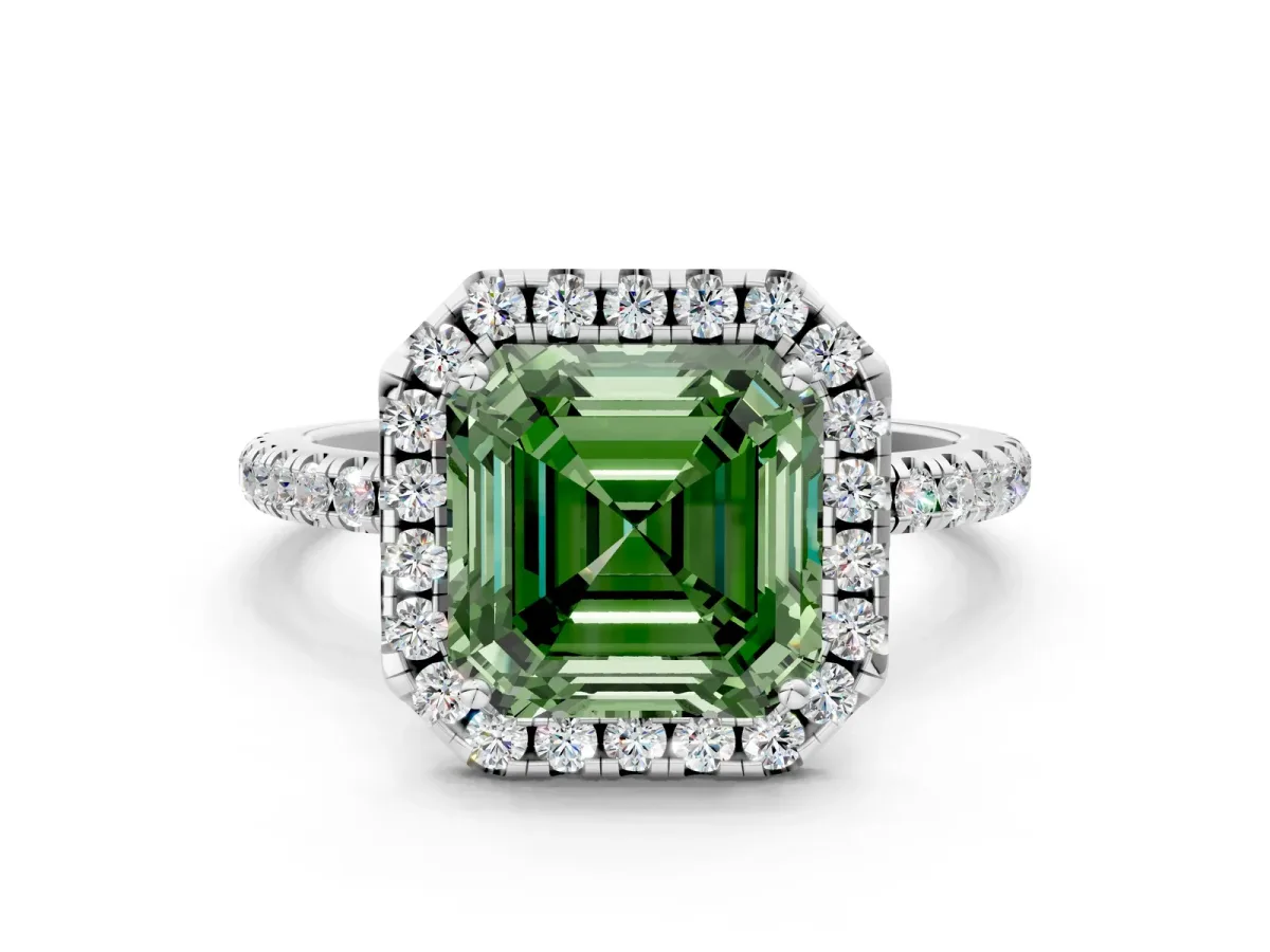Fancy Green Asscher Cut Diamond Halo Engagement Ring with Round Pavé Band and Prong Setting Platinum